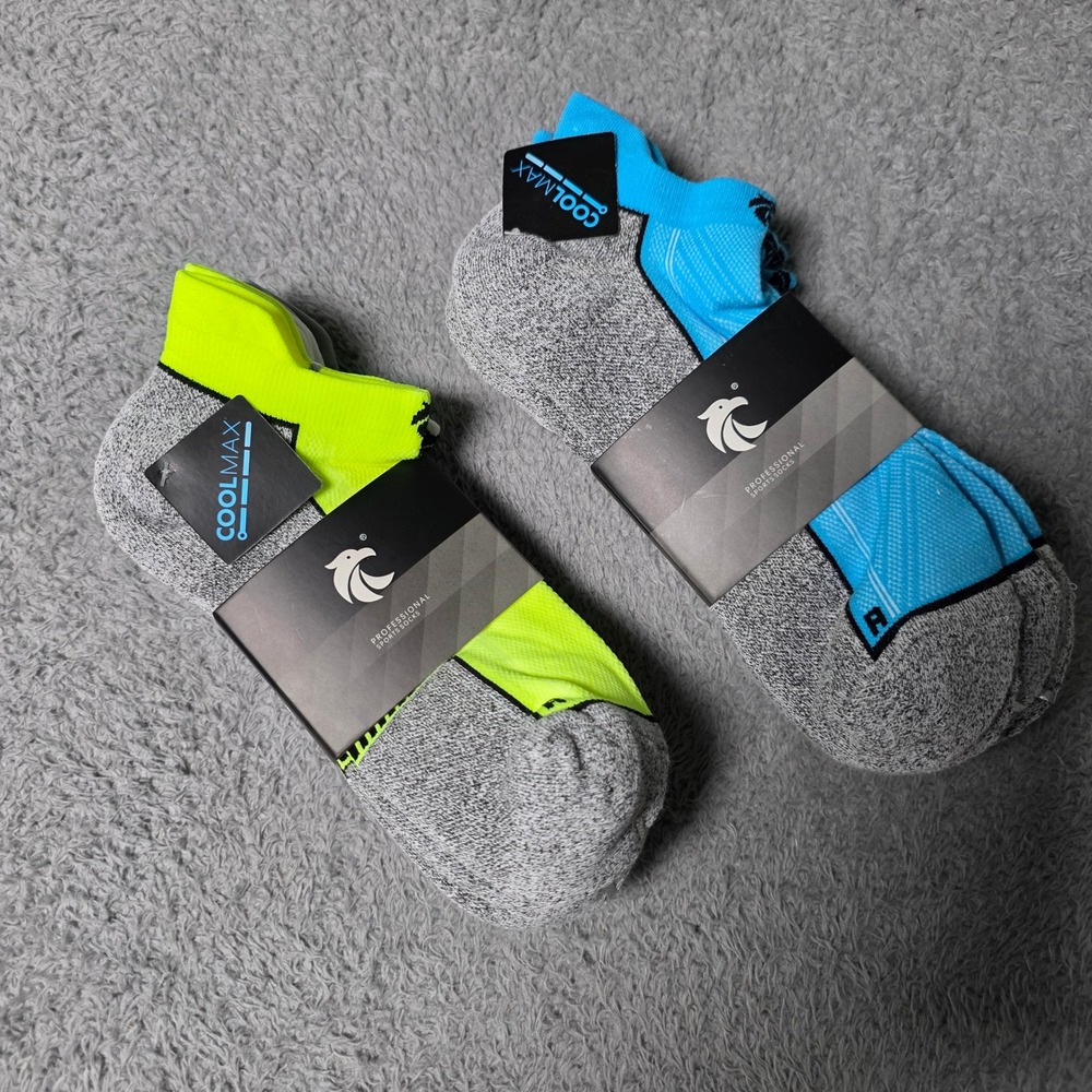 Professional Sports Unisex L/XL Ankle Socks Gray Neon Coolmax Lycra 2 Packs